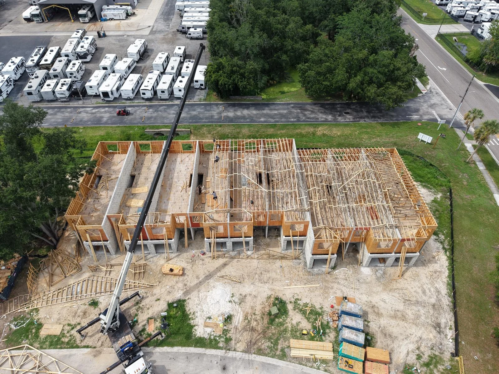Aerial view of active wood framing on a townhome development in Central Florida